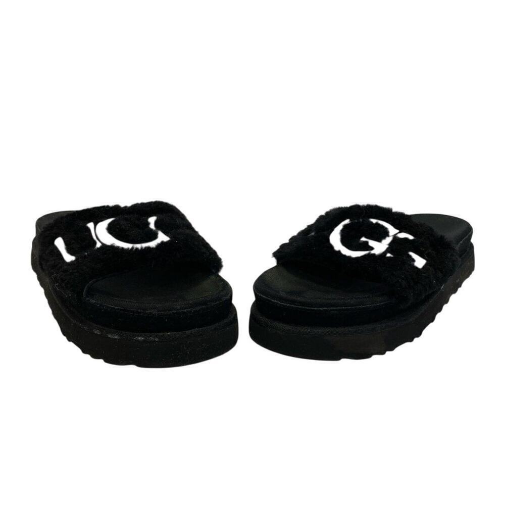 UGG Black Women's Size 6 Logo Laton Fur Loungewear Foam House Slides Sandals - Picture 1 of 9